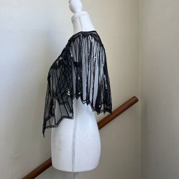 Sheer black beaded fishnet cape shawl topper Rachel Zoe flapper whimsygoth - Picture 5 of 9